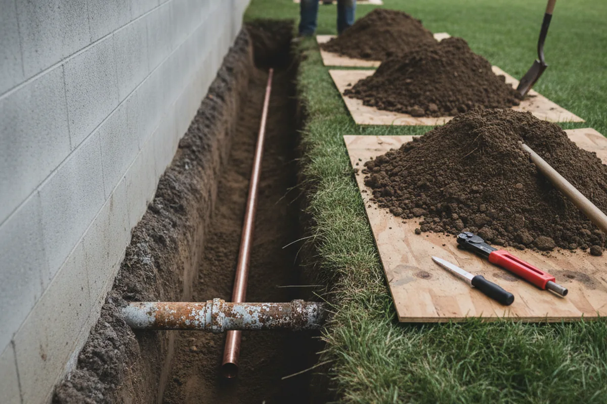 Excavated water line trench during Sewer Line Repair in Wappingers Falls